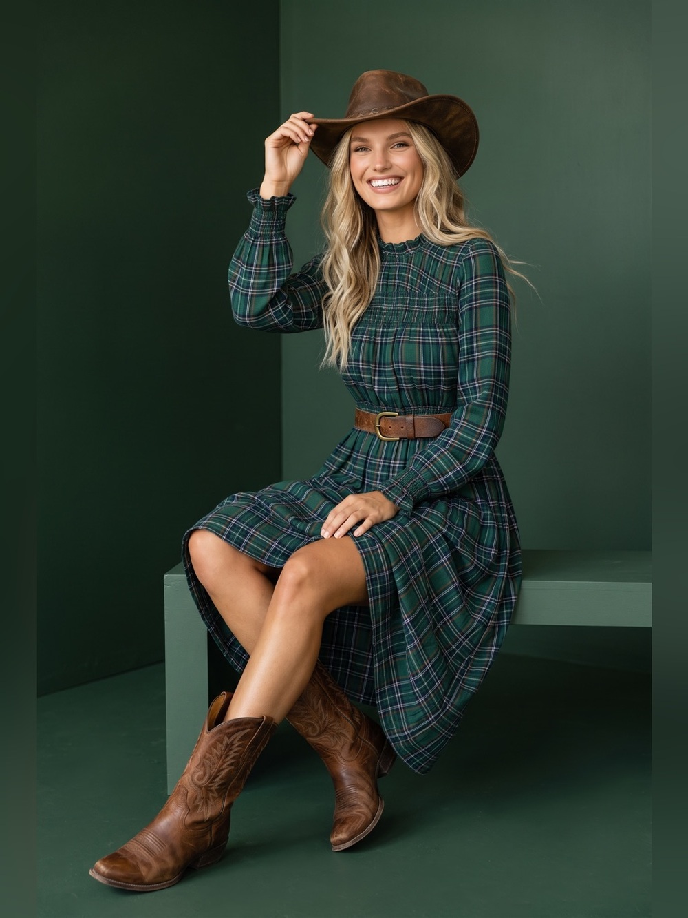 Hunter Green Midi Plaid Dress With Side Pockets